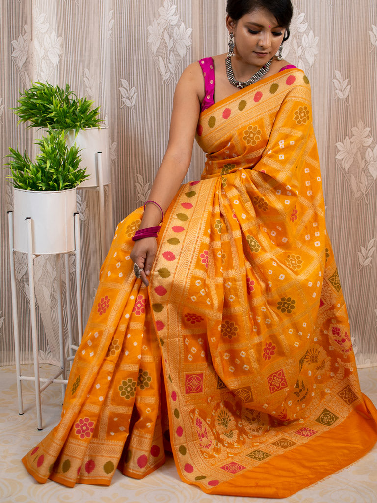 Banarasi Semi Silk Bandhini Saree With Zari & Meena Weaving-Yellow