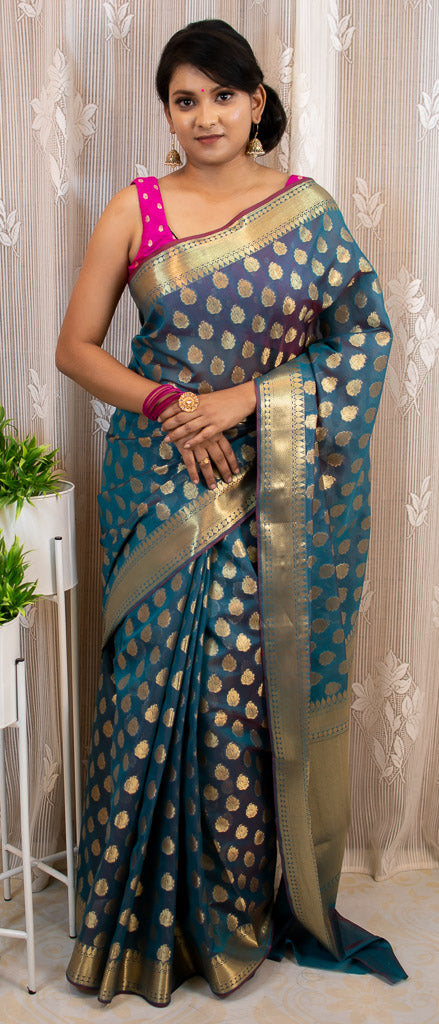 Banarasi Semi Silk Saree With Zari Buti Weaving-Metallic Blue