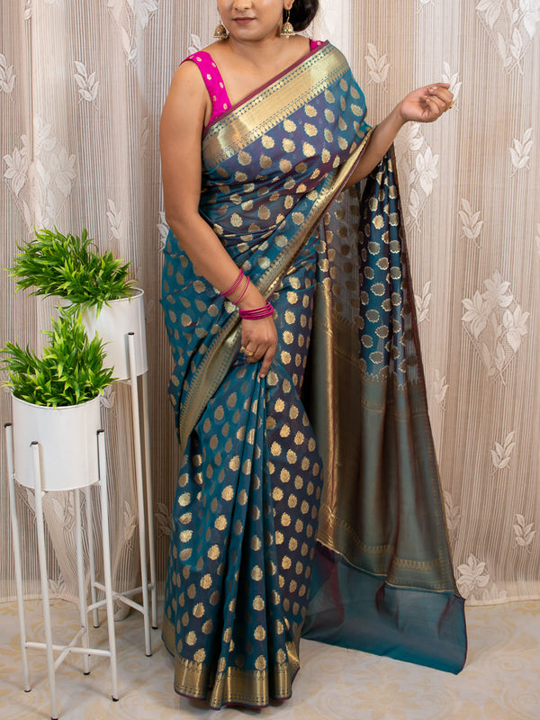 Banarasi Semi Silk Saree With Zari Buti Weaving-Metallic Blue