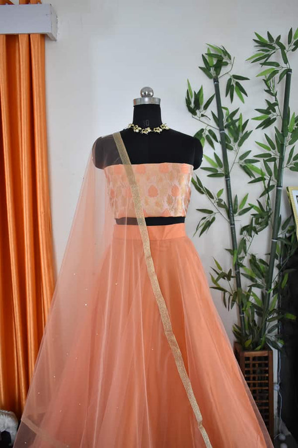 Banarasi Stitched Net Lehenga & Brocade Blouse Fabric With Net Dupatta-Peach