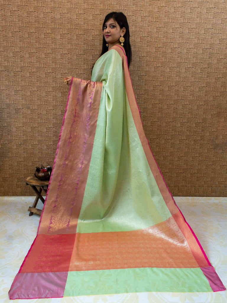 Banarasi Kora Muslin Saree With Tanchoi Weaving & Contrast  Border-Mint Green