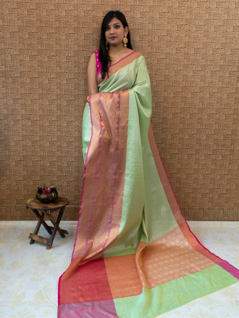 Banarasi Kora Muslin Saree With Tanchoi Weaving & Contrast  Border-Mint Green