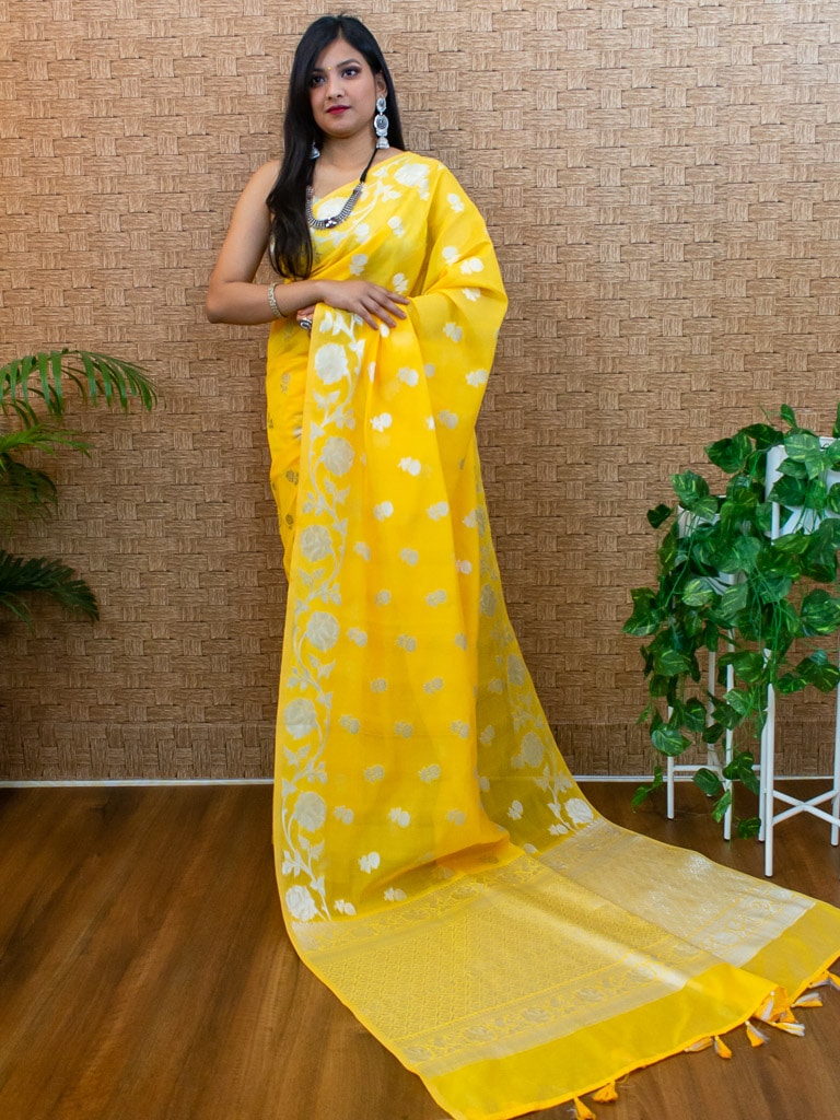 Banarasi Kora Saree With Silver Zari Buti Weaving & Floral Border-Yellow