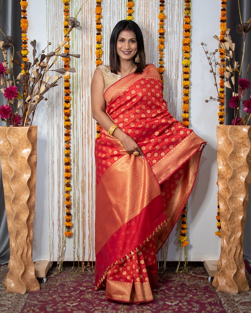 Plain Red Linen Saree With Golden Border-SRPRLS13 – Sayali Rajadhyaksha  Sarees