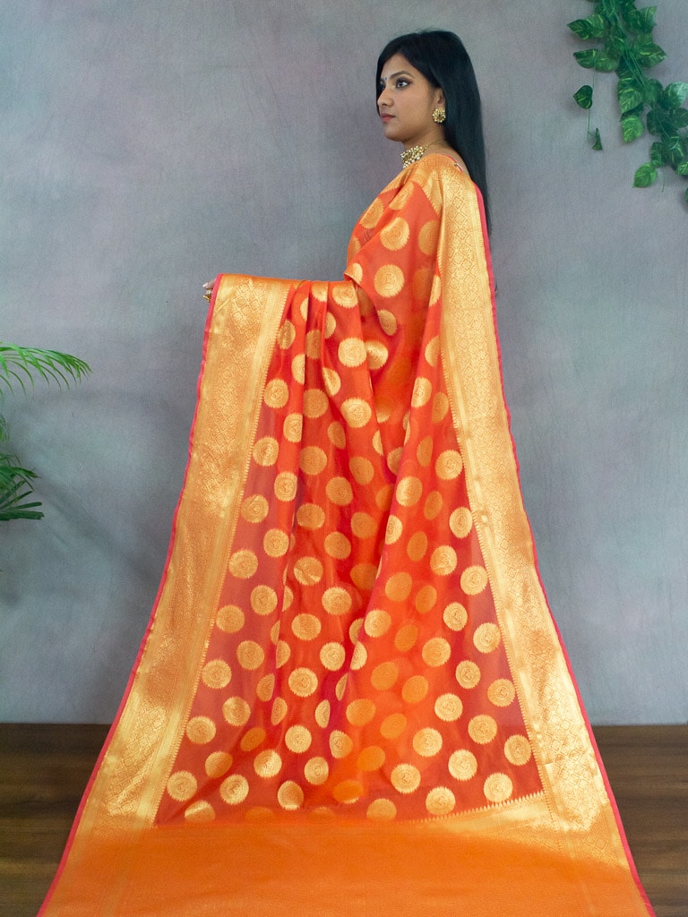 Banarasi Semi Silk Saree With Antique Zari Buta Weaving-Orange