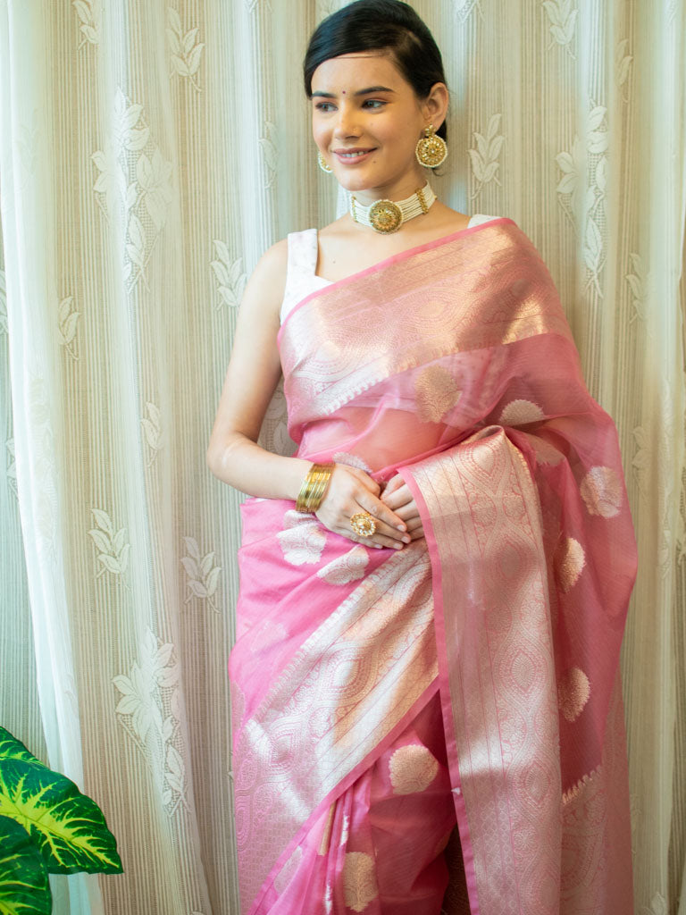 Banarasi organza Buta Saree With Zari Weaving-Pink