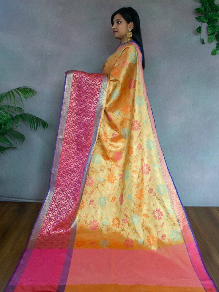 Banarasi Semi Silk Saree With Meena Floral & Zari Jaal Weaving & Skirt Border-Orange