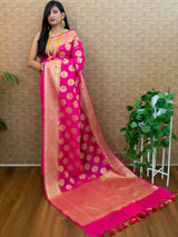 Banarasi Semi Silk Saree With Antique Zari Buta Weaving-Pink