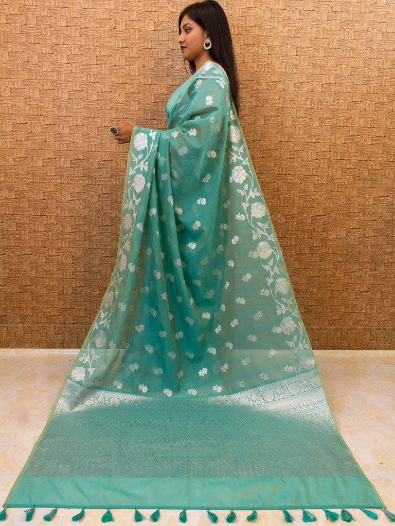 Banarasi Kora Saree With Silver Zari Buti Weaving & Floral Border-Blue