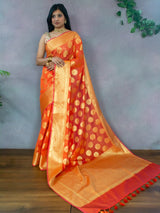 Banarasi Semi Silk Saree With Antique Zari Buta Weaving-Orange