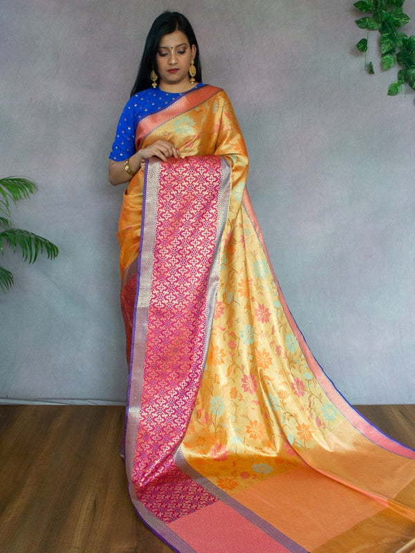 Banarasi Semi Silk Saree With Meena Floral & Zari Jaal Weaving & Skirt Border-Orange