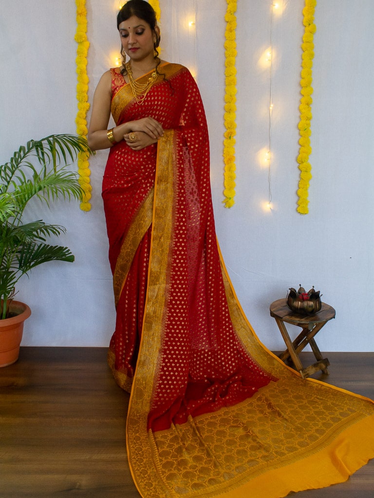 Banarasi Pure Georgette Saree With Antique Zari Buti Weaving & Contrast Border-Red & Yellow
