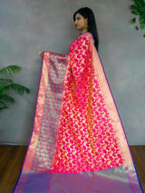 Banarasi Semi Silk Saree With Meena & Zari Jaal Weaving & Skirt Border-Pink