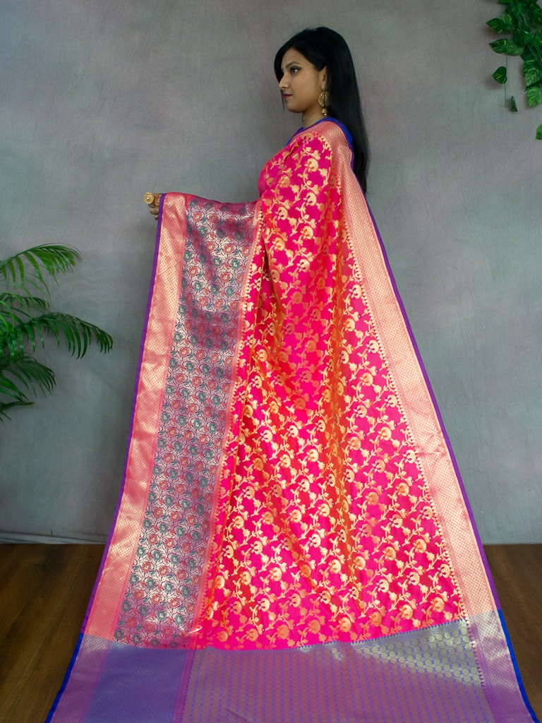 Banarasi Semi Silk Saree With Meena & Zari Jaal Weaving & Skirt Border-Pink