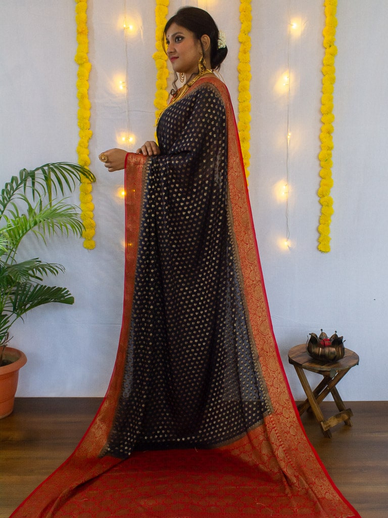 Banarasi Pure Georgette Saree With Antique Zari Buti Weaving & Contrast Border-Black & Red