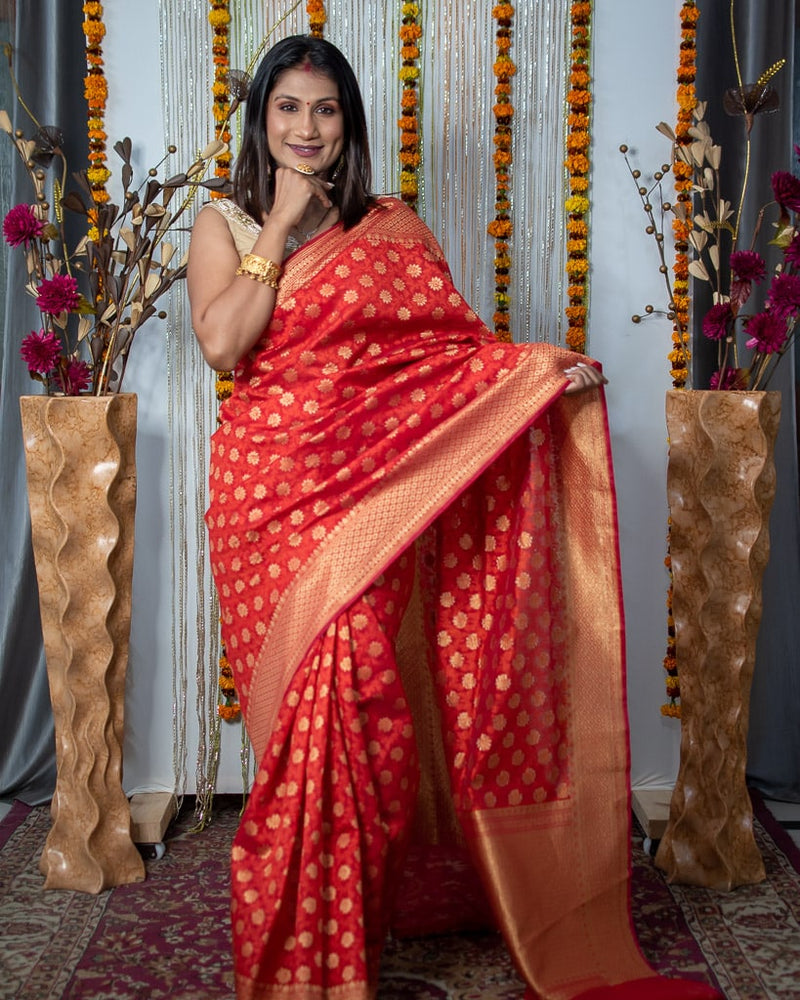 Banarasi Dupion Linen Saree With Zari Buti Weaving-Red