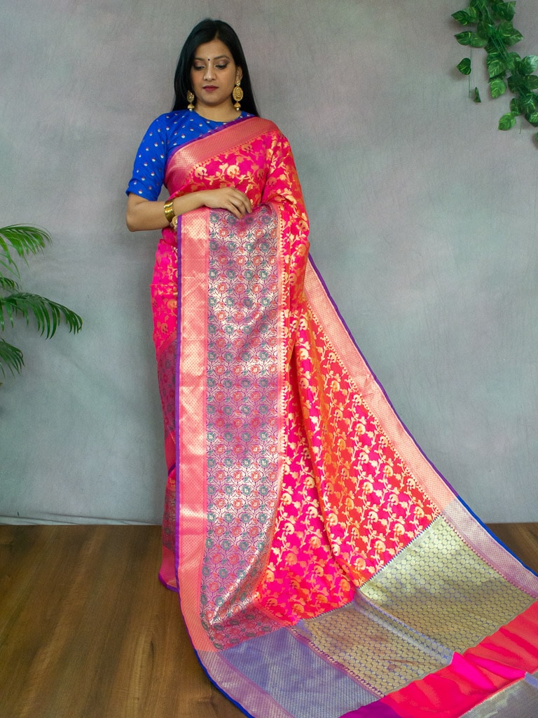 Banarasi Semi Silk Saree With Meena & Zari Jaal Weaving & Skirt Border-Pink