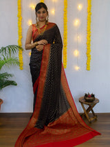 Banarasi Pure Georgette Saree With Antique Zari Buti Weaving & Contrast Border-Black & Red