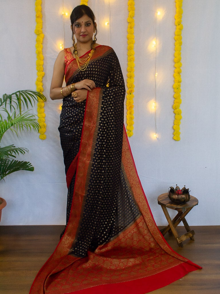 Banarasi Pure Georgette Saree With Antique Zari Buti Weaving & Contrast Border-Black & Red