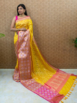 Banarasi Kora Saree With Silver Zari Buti Weaving & Contrast Skirt Border-Yellow