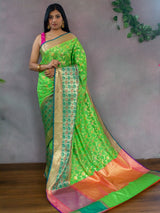 Banarasi Semi Silk Saree With Meena & Zari Jaal Weaving & Skirt Border-Green