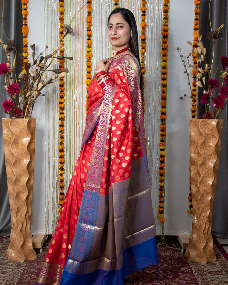 Banarasi Semi Silk Saree With Contrast Zari Buti Weaving Border-Red