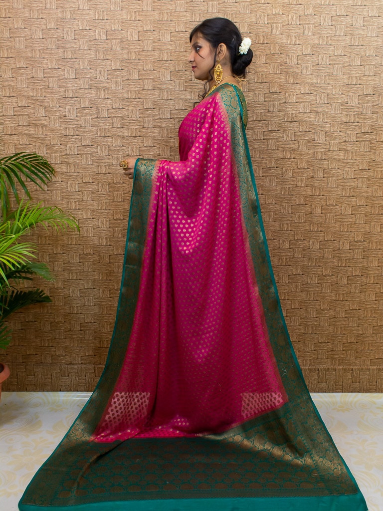 Banarasi Pure Georgette Saree With Antique Zari Buti Weaving & Contrast Border-Pink & Teal