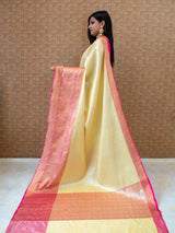 Banarasi Kora Muslin Saree With Tanchoi Weaving & Contrast Skirt Border-Beige & Pink