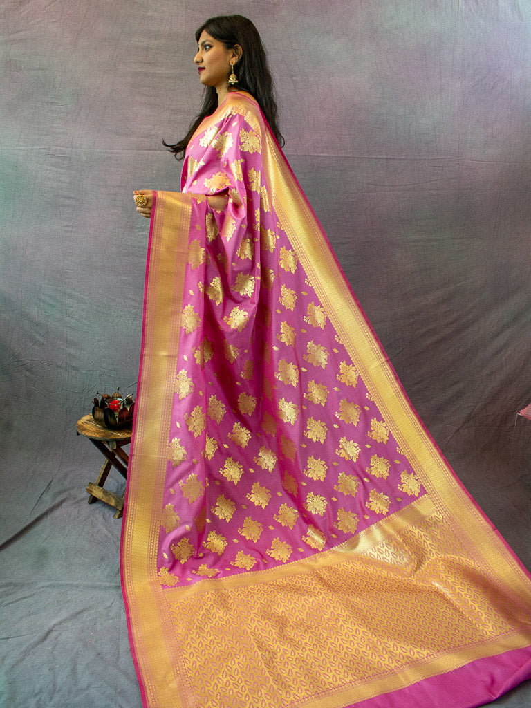 Banarasi Art Silk Saree With Floral Buti Weaving-Lavender