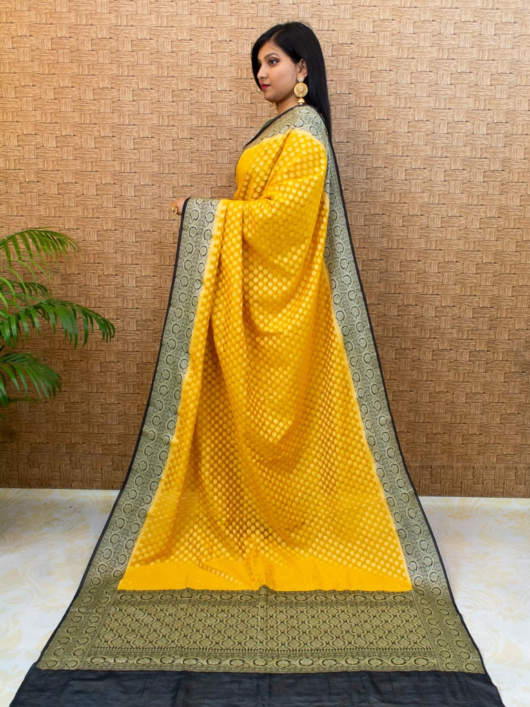 Banarasi Semi Georgette Saree With Zari Buti Weaving & Contrast Border-Mustard Yellow