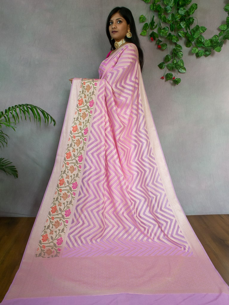 Banarasi Semi Chiffon Saree  Zari  Aada Weaving & Meena Border-Baby Pink