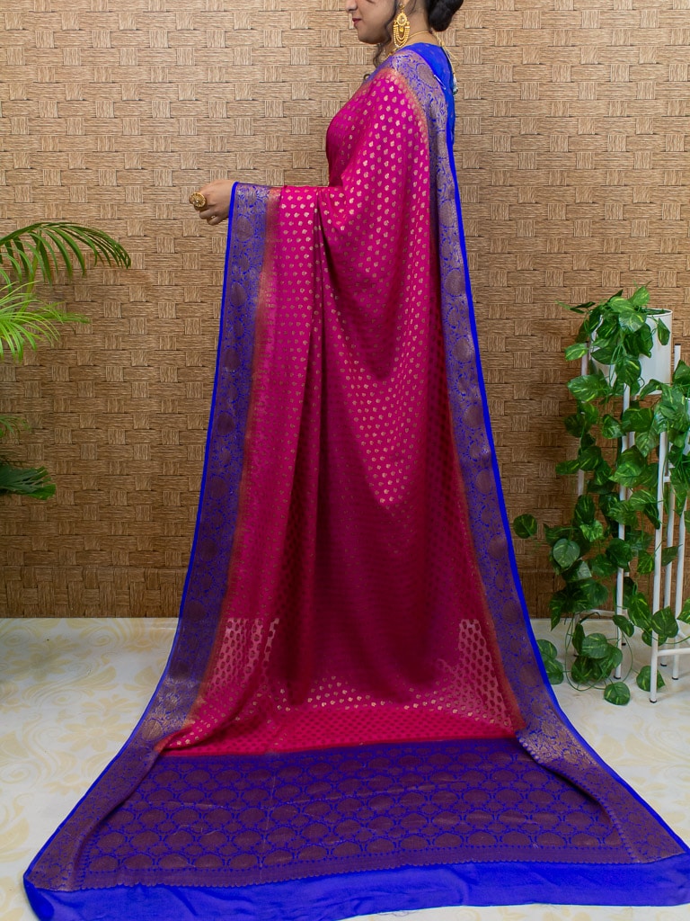 Banarasi Pure Georgette Saree With Antique Zari Buti Weaving & Contrast Border-Pink & Blue