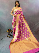 Banarasi Art Silk Saree With Floral Buti Weaving-Lavender