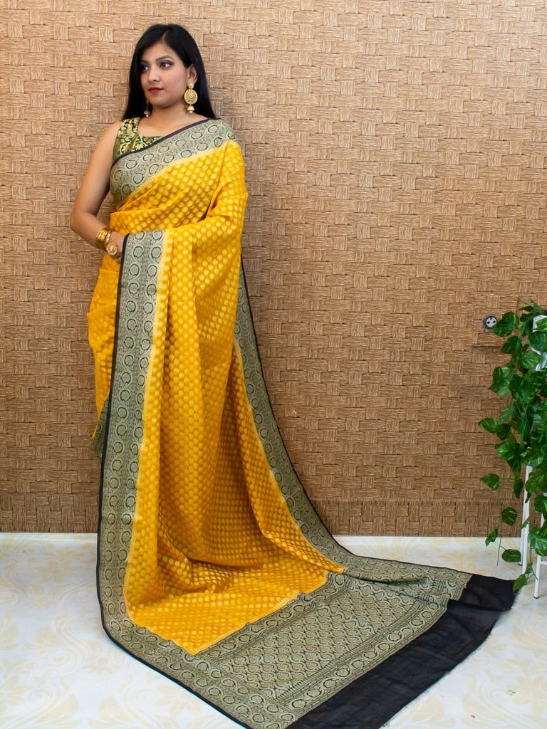 Banarasi Semi Georgette Saree With Zari Buti Weaving & Contrast Border-Mustard Yellow