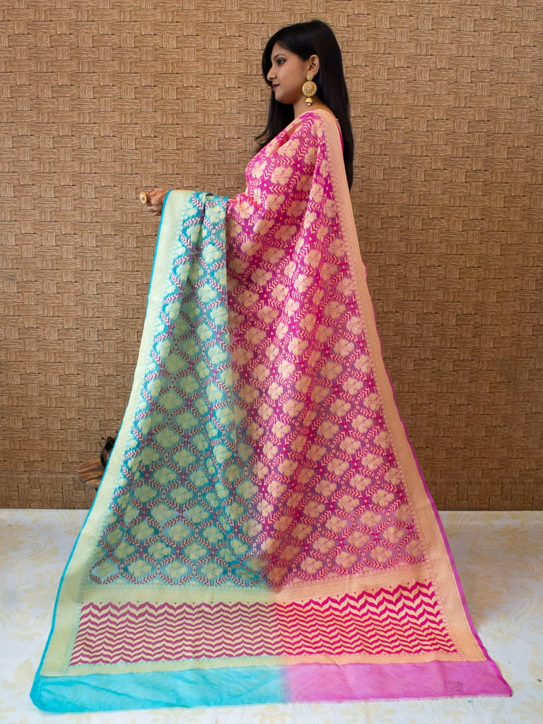 Banarasi Semi Georgette Saree With Zari Jaal Weaving-Blue & Pink