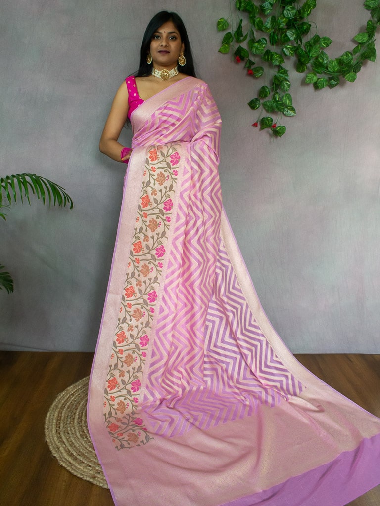 Banarasi Semi Chiffon Saree  Zari  Aada Weaving & Meena Border-Baby Pink