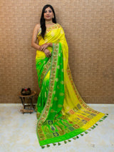 Banarasi Semi Silk Saree With Meena & Jaal Weaving Border-Green & Yellow