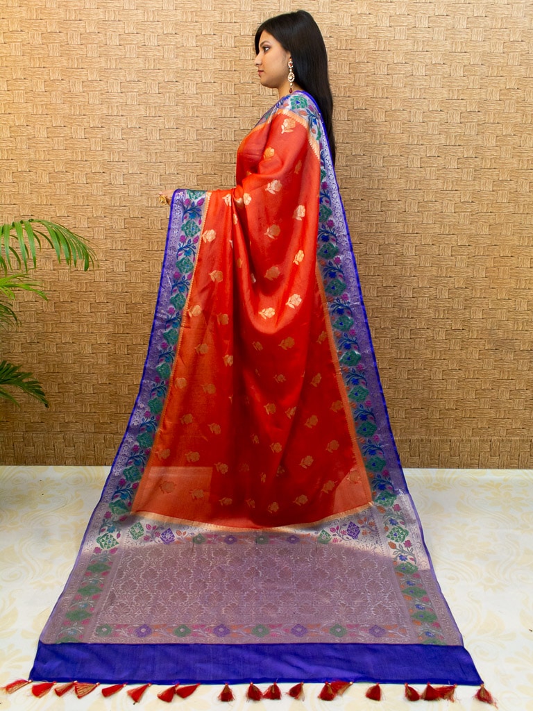 Banarasi Handwoven Pure Dupion Silk Saree With Meena & Zari Contrast Border-Red