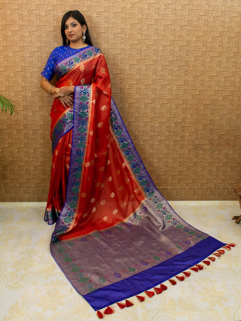 Banarasi Handwoven Pure Dupion Silk Saree With Meena & Zari Contrast Border-Red