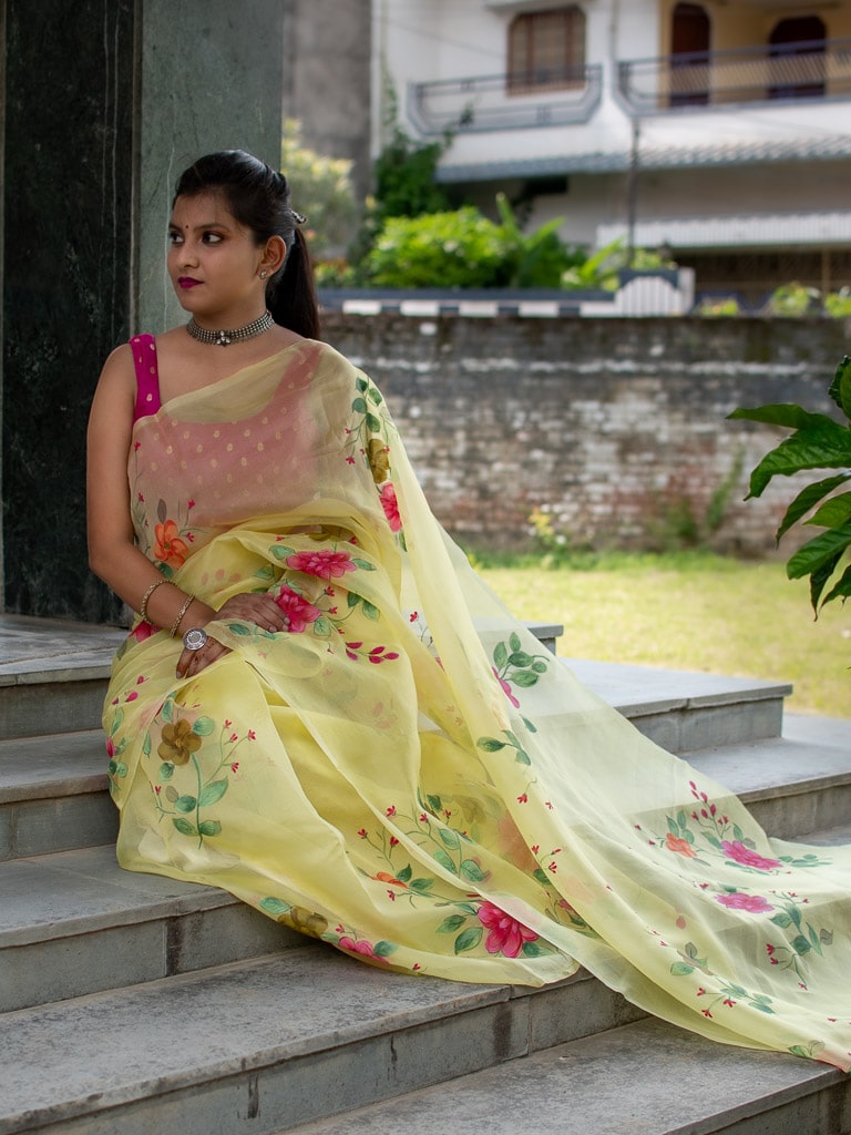 Handpainted Floral Pure Organza Saree-Yellow