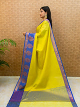 Banarasi Kora Muslin Saree With Tanchoi Weaving Contrast Floral Border-Yellow