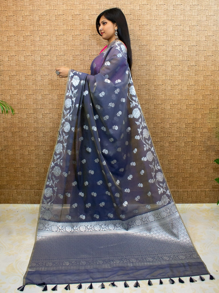 Banarasi Kora Saree With Silver Zari Buti Weaving & Floral Border-Grey