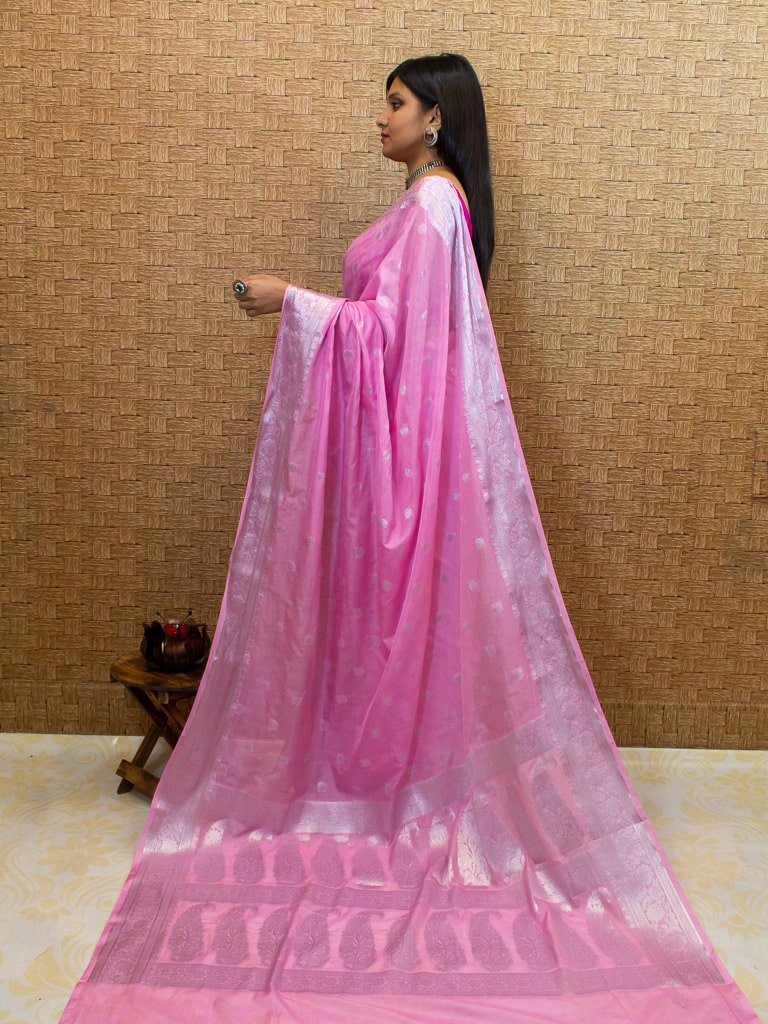Banarasi Semi Silk Saree With Silver Zari Buti Weaving-Pink