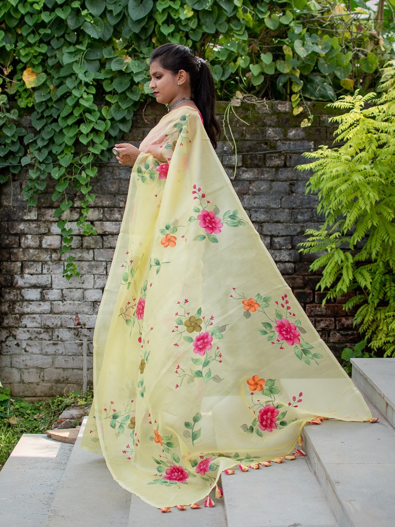 Handpainted Floral Pure Organza Saree-Yellow