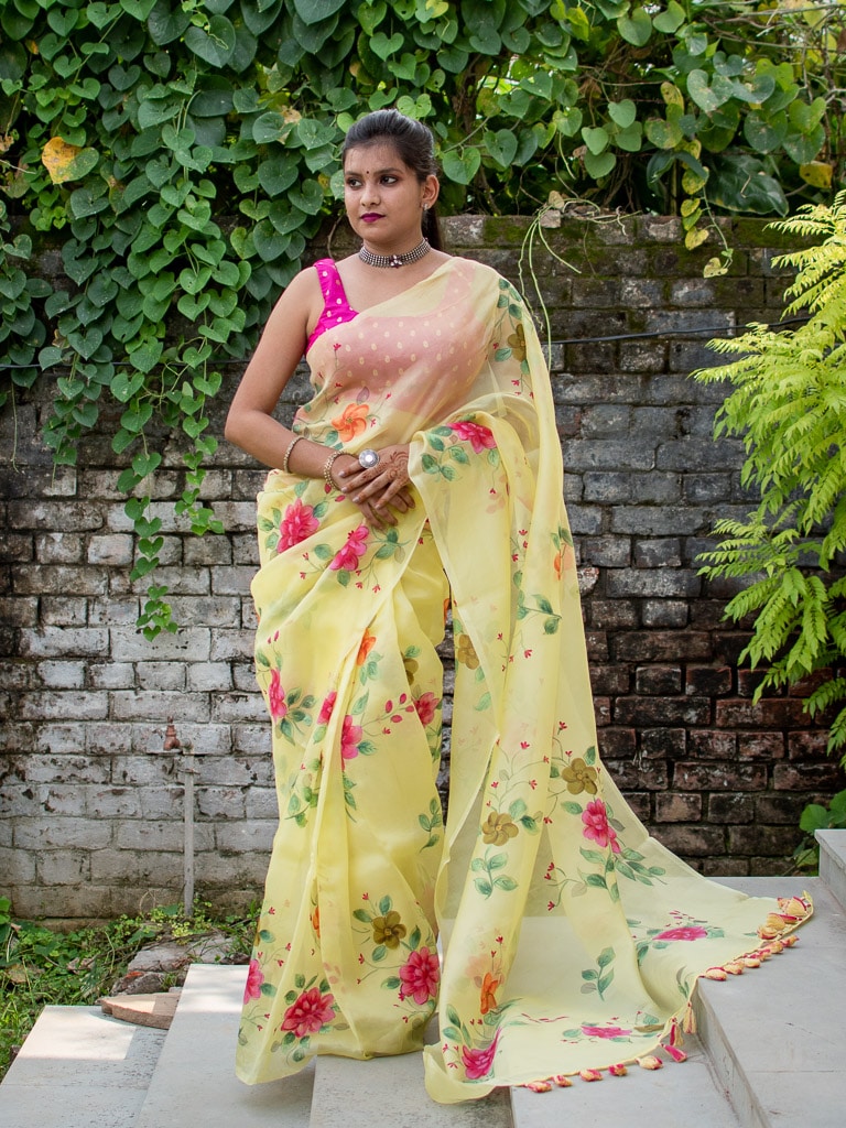 Handpainted Floral Pure Organza Saree-Yellow