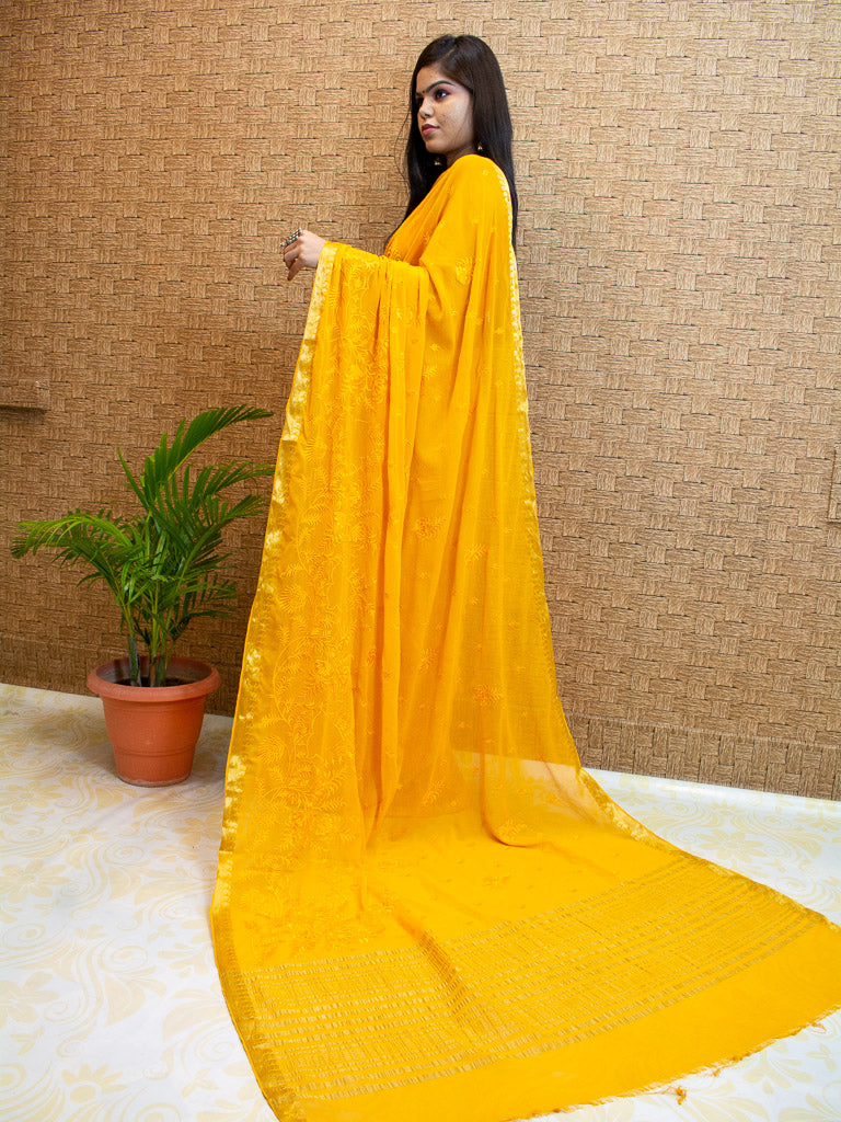 Banarasi Semi Chiffon Saree Gold Zari Buti Weaving & Thread Embroidery-Yellow