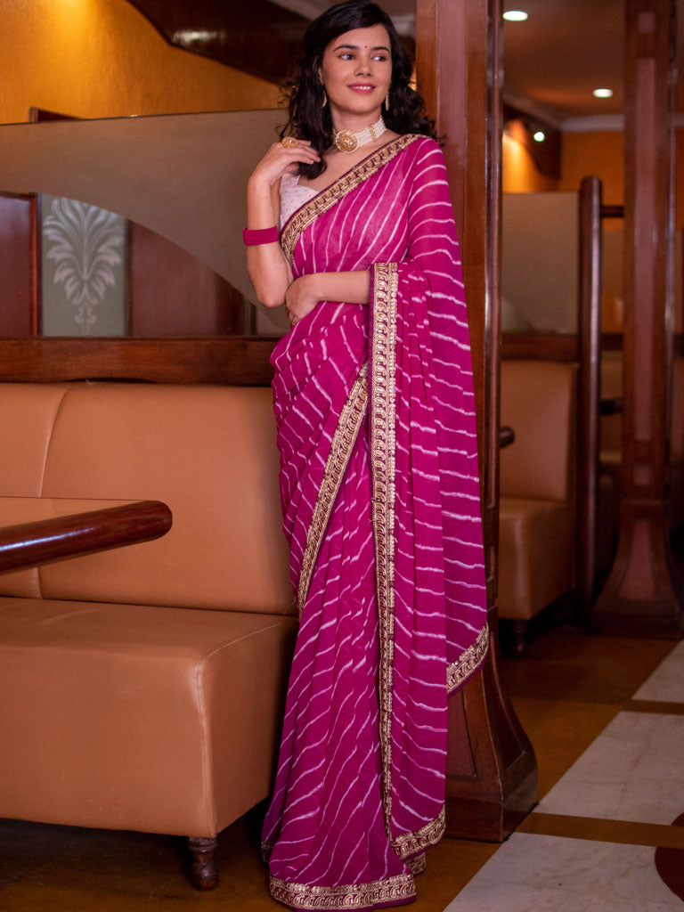 Rose Pink Leheriya Marwari Style Chiffon Flowy Lightweight Saree With Sabyasachi Blouse hot And Embroidered Border.