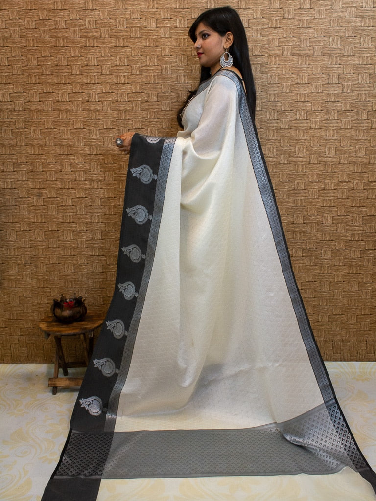 Banarasi Kora Muslin Saree With Tanchoi Weaving & Contrast  Border-Off White & Black