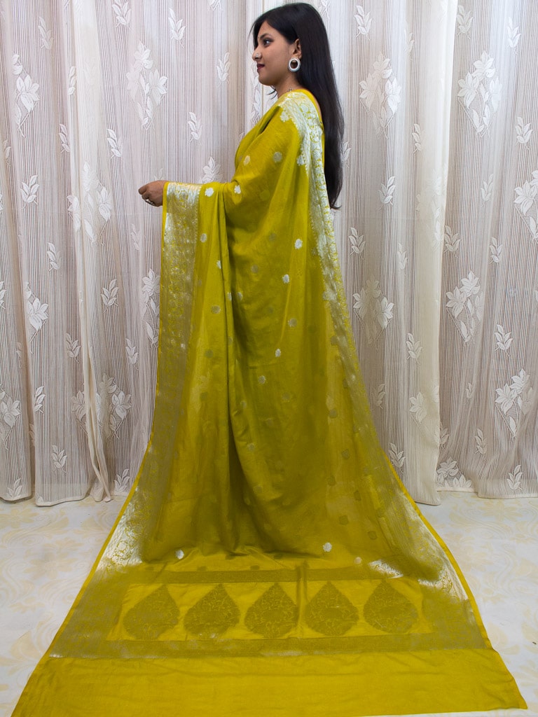 Banarasi  Semi Chiffon Saree Silver Zari Buti Weaving-Yellow