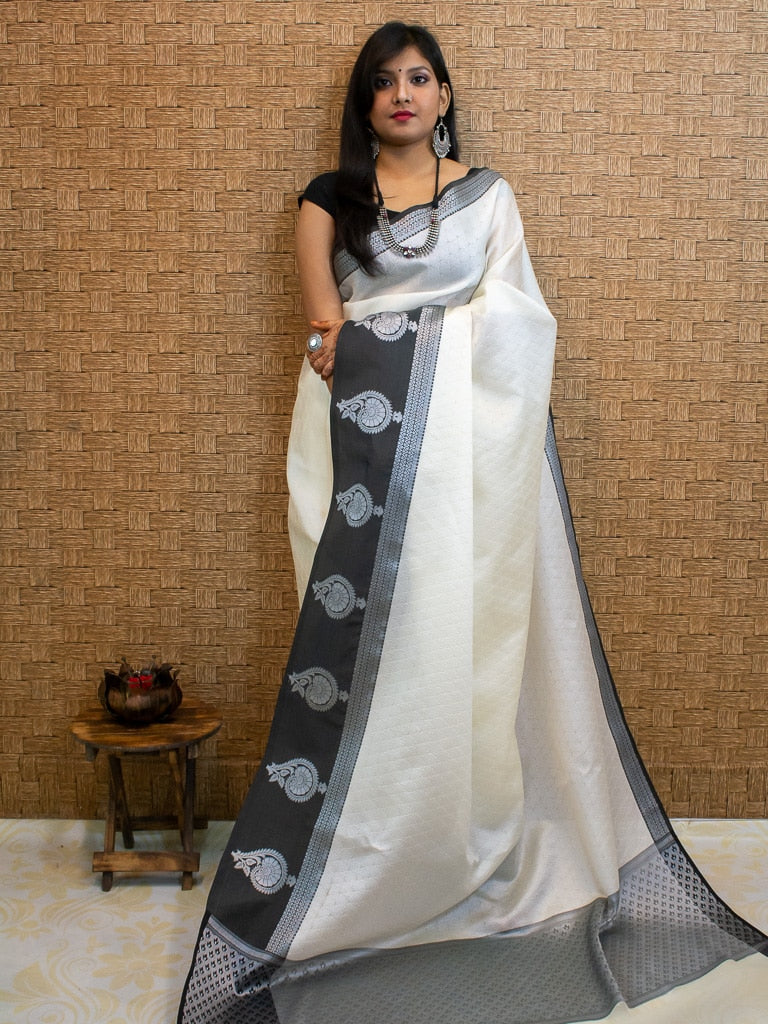 Banarasi Kora Muslin Saree With Tanchoi Weaving & Contrast  Border-Off White & Black